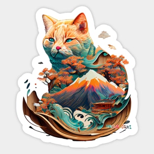 Mt Fuji Wise Yokai Cat Watercolors Sticker